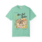 Mint t-shirt with "Her Last Rodeo" and cowboy on horse design.