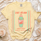 Yellow t-shirt with "Last Splash" and flamingo cocktail graphic for Sarah's Bach.