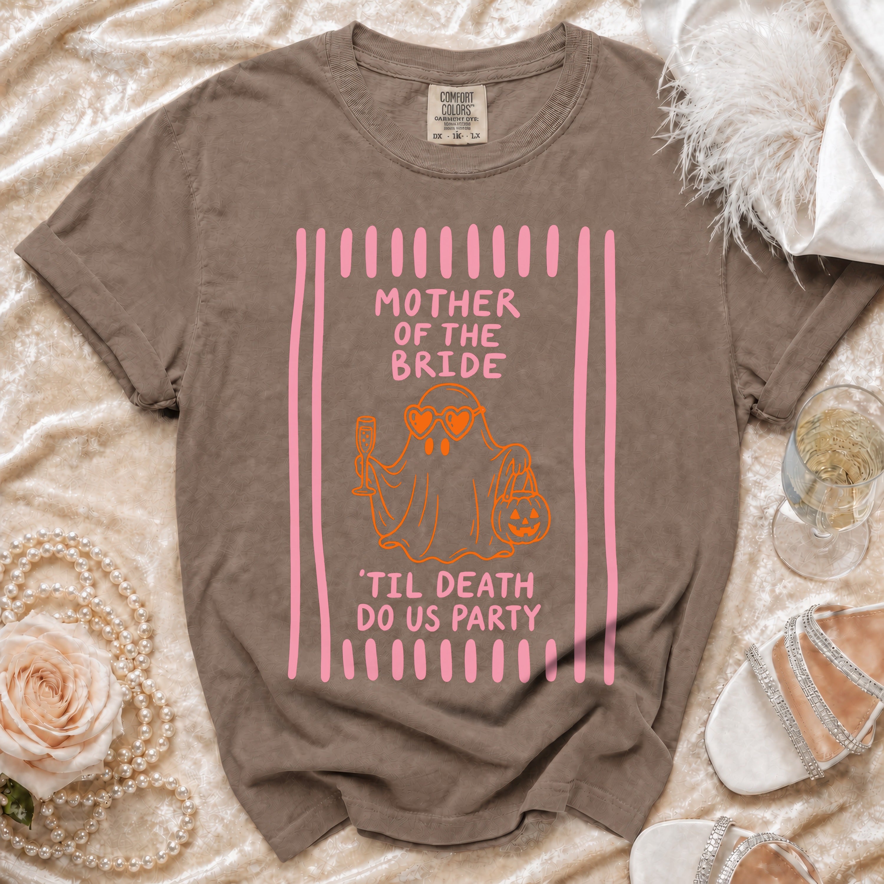 Brown Comfort Colors t-shirt with "Mother of the Bride 'Til Death Do Us Party" text and a ghost graphic.
