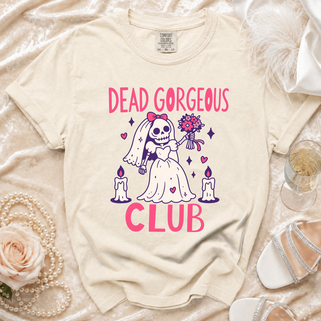 T-shirt with skeleton bride graphic and text "DEAD GORGEOUS CLUB."