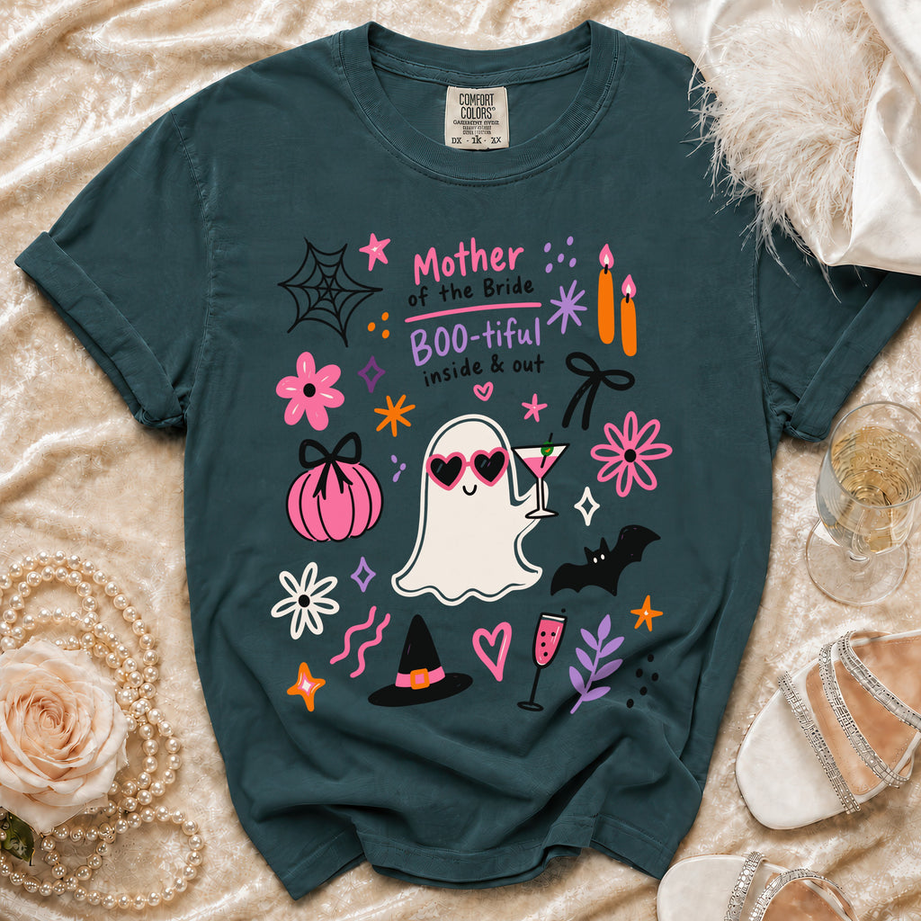 Dark teal t-shirt with "Mother of the Bride BOO-tiful inside & out" text and Halloween graphics.
