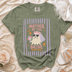 Green t-shirt with "Mother of the Bride (Boo-Yah!)" graphic featuring a ghost bride.