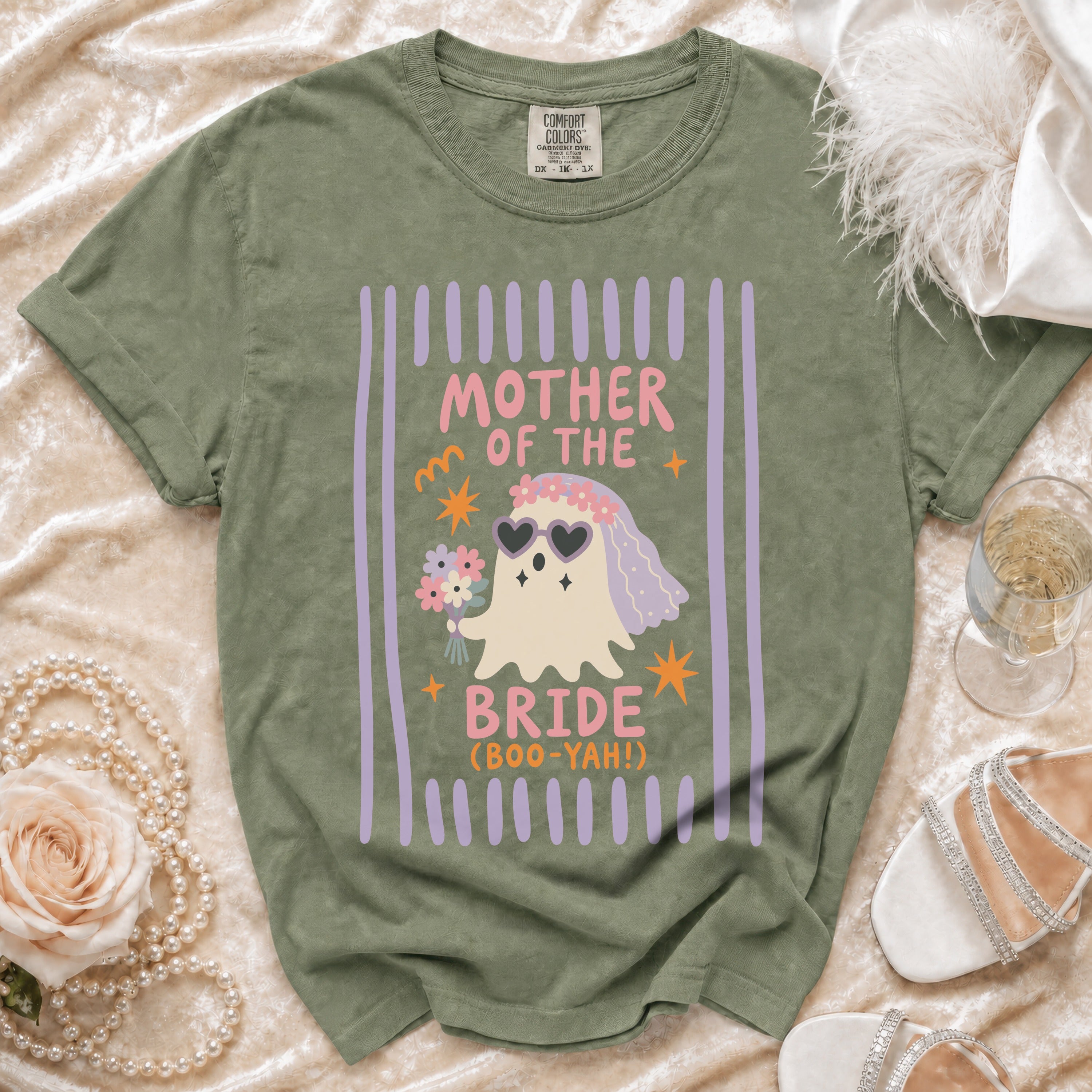 Green t-shirt with "Mother of the Bride (Boo-Yah!)" graphic featuring a ghost bride.