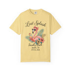 Yellow t-shirt with "Last Splash Sarah's Bach Malibu, CA Summer 2026" text and flamingo graphic.