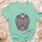 Mint green t-shirt with "Til Death Do Us Part" heart graphic and skull.