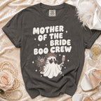 Dark gray t-shirt with "Mother of the Bride Boo Crew" text and ghost graphic.
