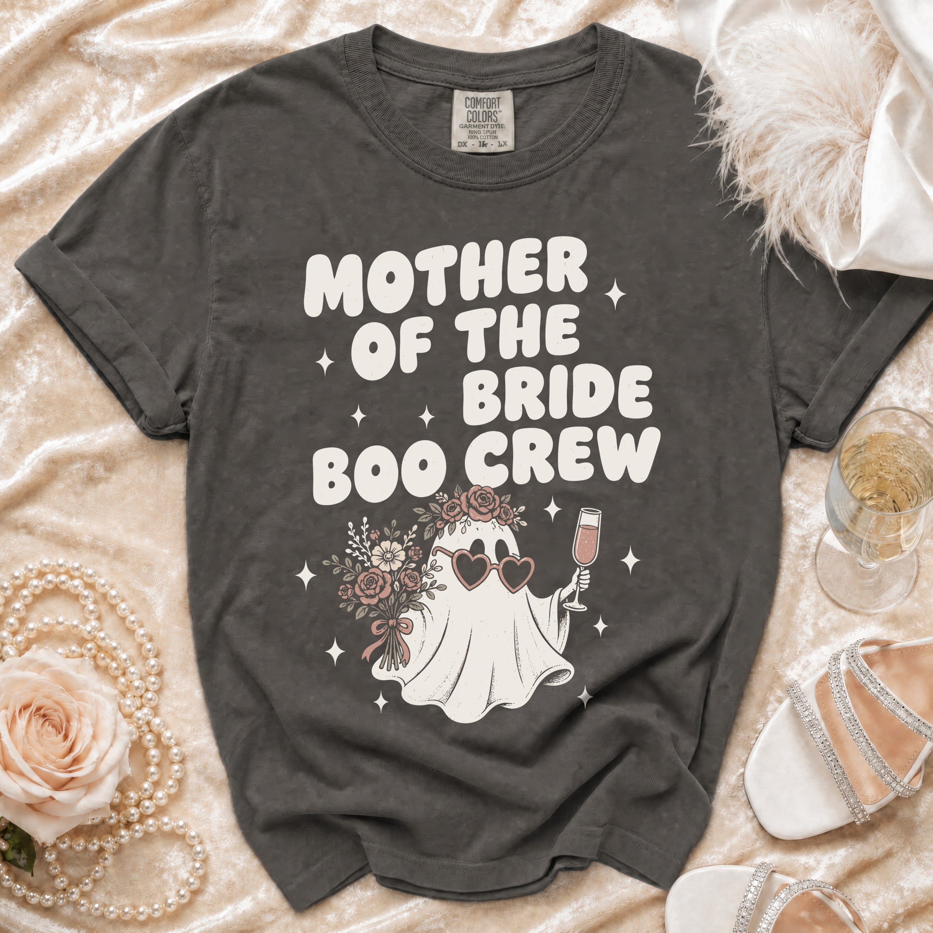 Dark gray t-shirt with "Mother of the Bride Boo Crew" text and ghost graphic.