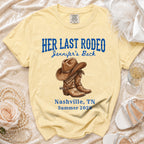 Yellow t-shirt with "Her Last Rodeo Jennifer's Back" and cowboy boots.