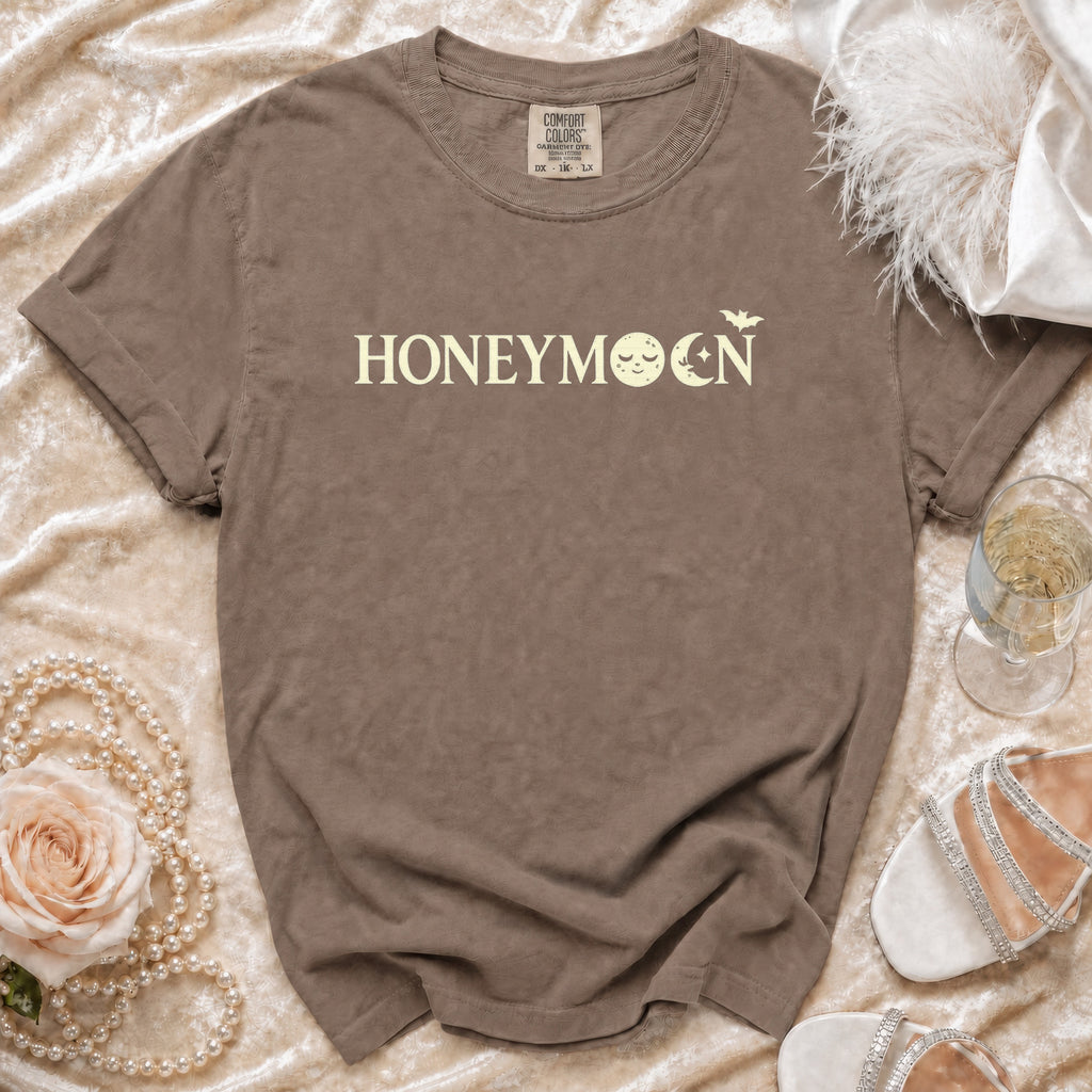 Brown t-shirt with "HONEYMOON" text and moon graphic.