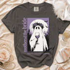 Dark grey t-shirt with "mother of the bride" and a ghost holding wine.
