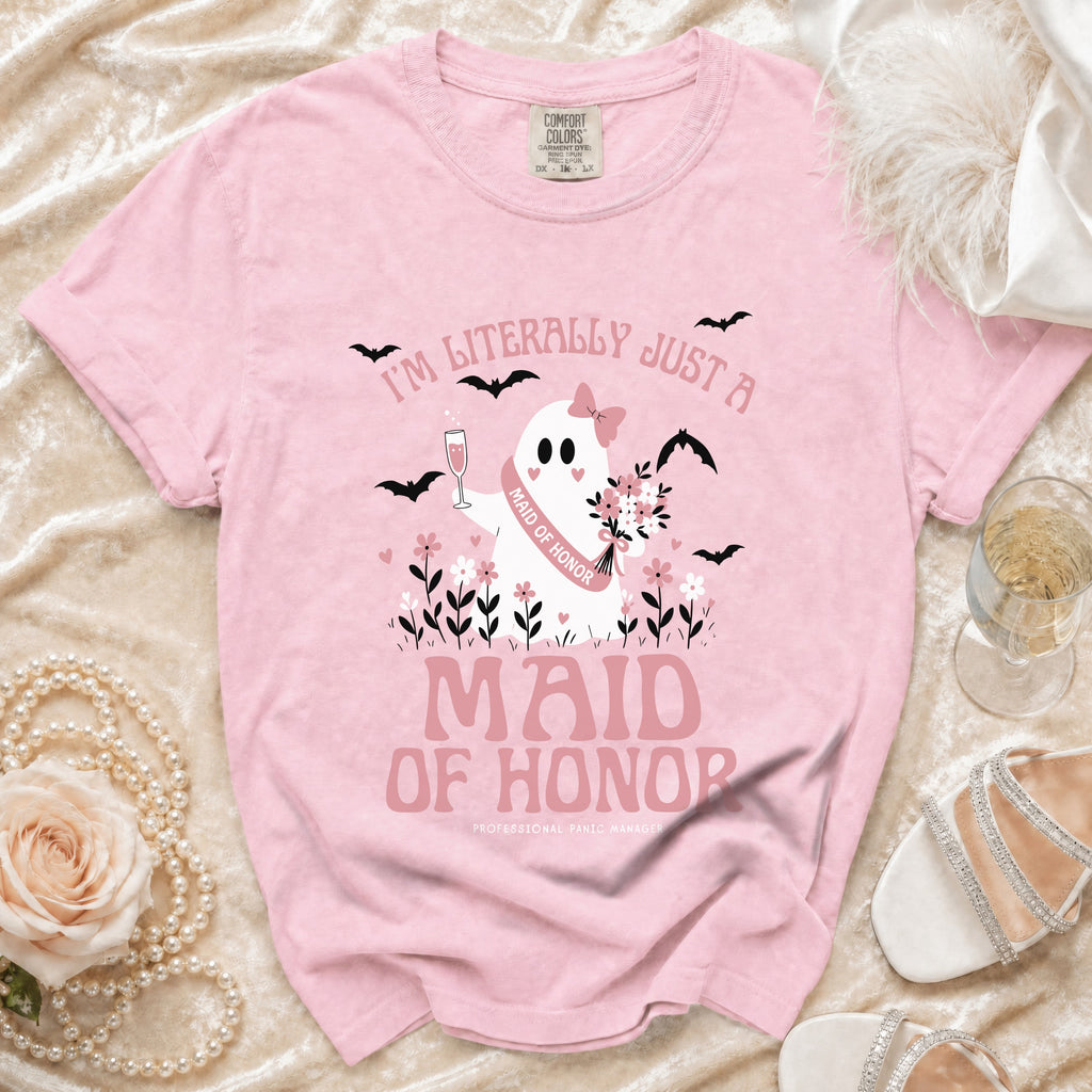 Pink t-shirt with ghost graphic saying "I'm literally just a Maid of Honor" and "Professional Panic Manager."