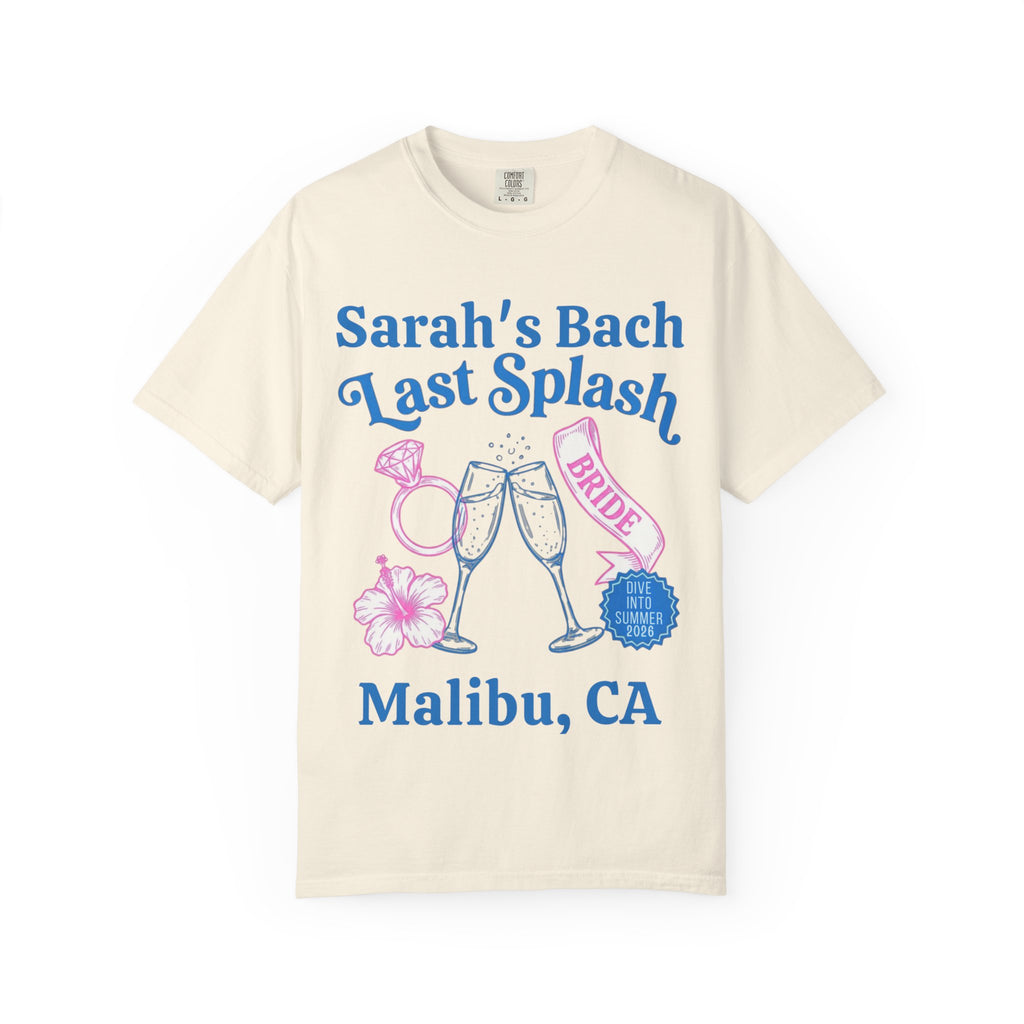 T-shirt with "Sarah's Bach Last Splash BRIDE" text and champagne glasses.