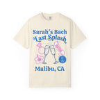 T-shirt with "Sarah's Bach Last Splash BRIDE" text and champagne glasses.