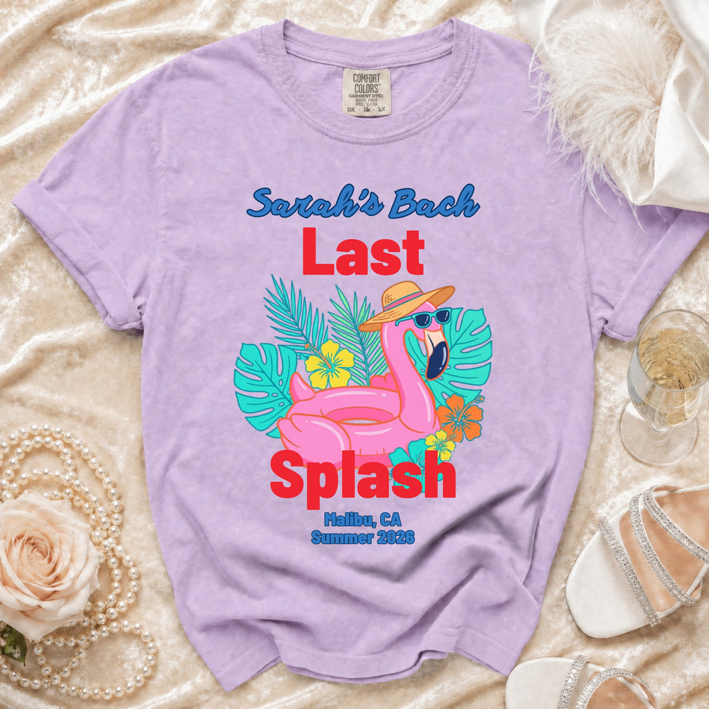 Purple t-shirt with "Sarah's Bach Last Splash Malibu, CA Summer 2026" text.