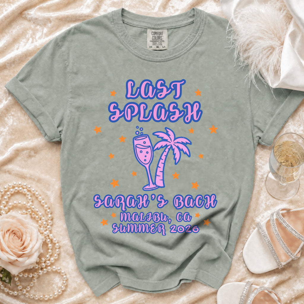 T-shirt with "Last Splash" and palm tree graphic.