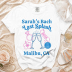 White t-shirt for "Sarah's Bach Last Splash" bachelorette party in Malibu, CA.