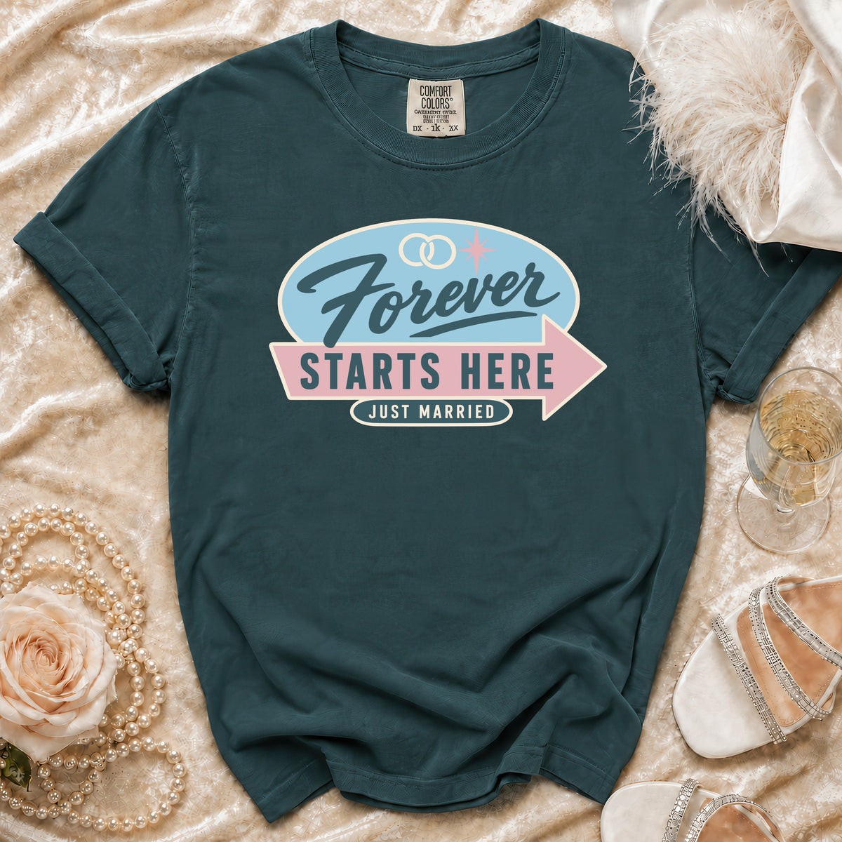 Teal t-shirt with "Forever Starts Here Just Married" graphic.