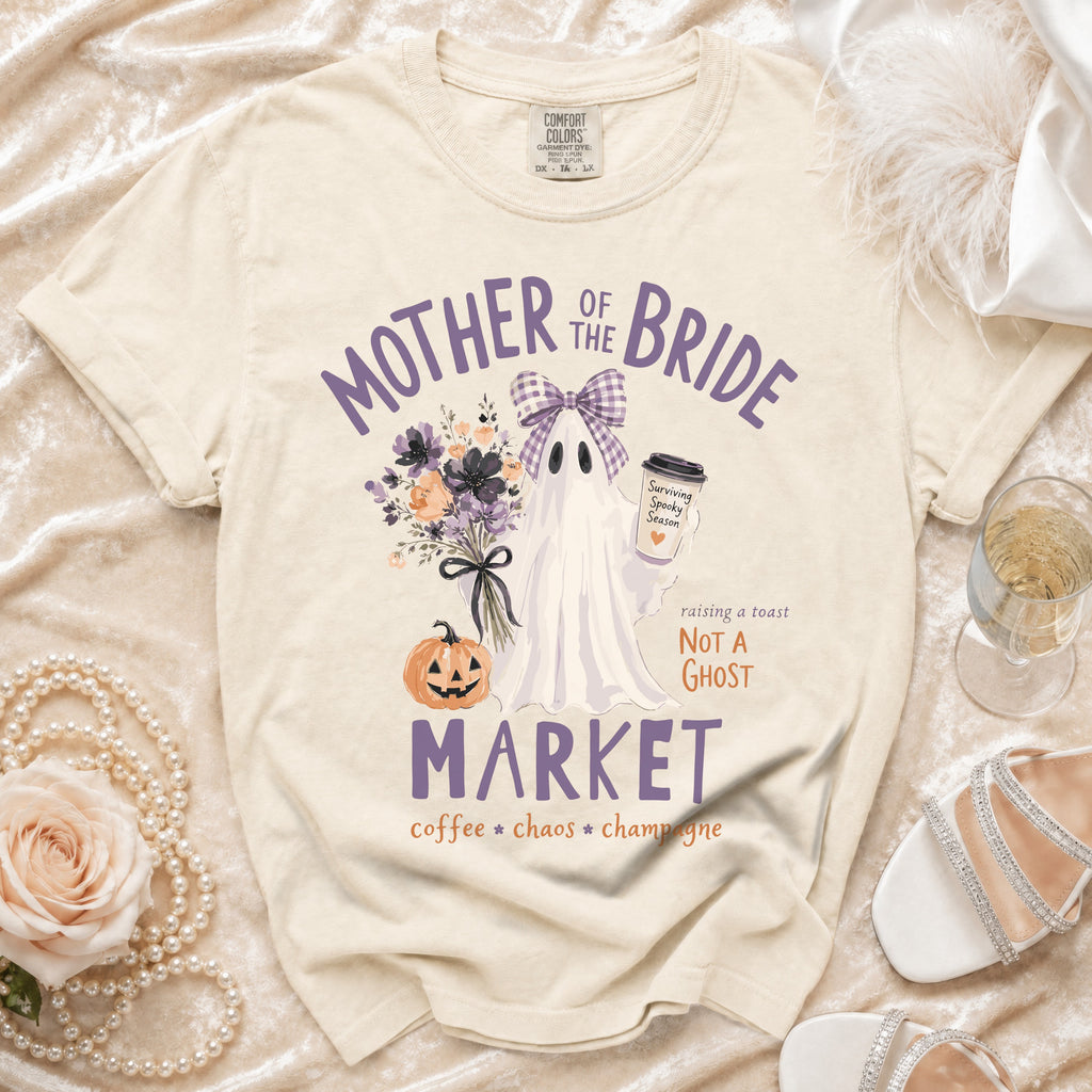 Cream t-shirt with ghost graphic: "Mother of the Bride", "Not a Ghost", "Market".