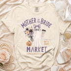 Cream t-shirt with ghost graphic: "Mother of the Bride", "Not a Ghost", "Market".