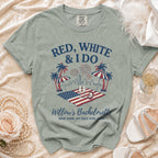 T-shirt with "Red, White & I Do Willow's Bachelorette" and July 4th graphics.