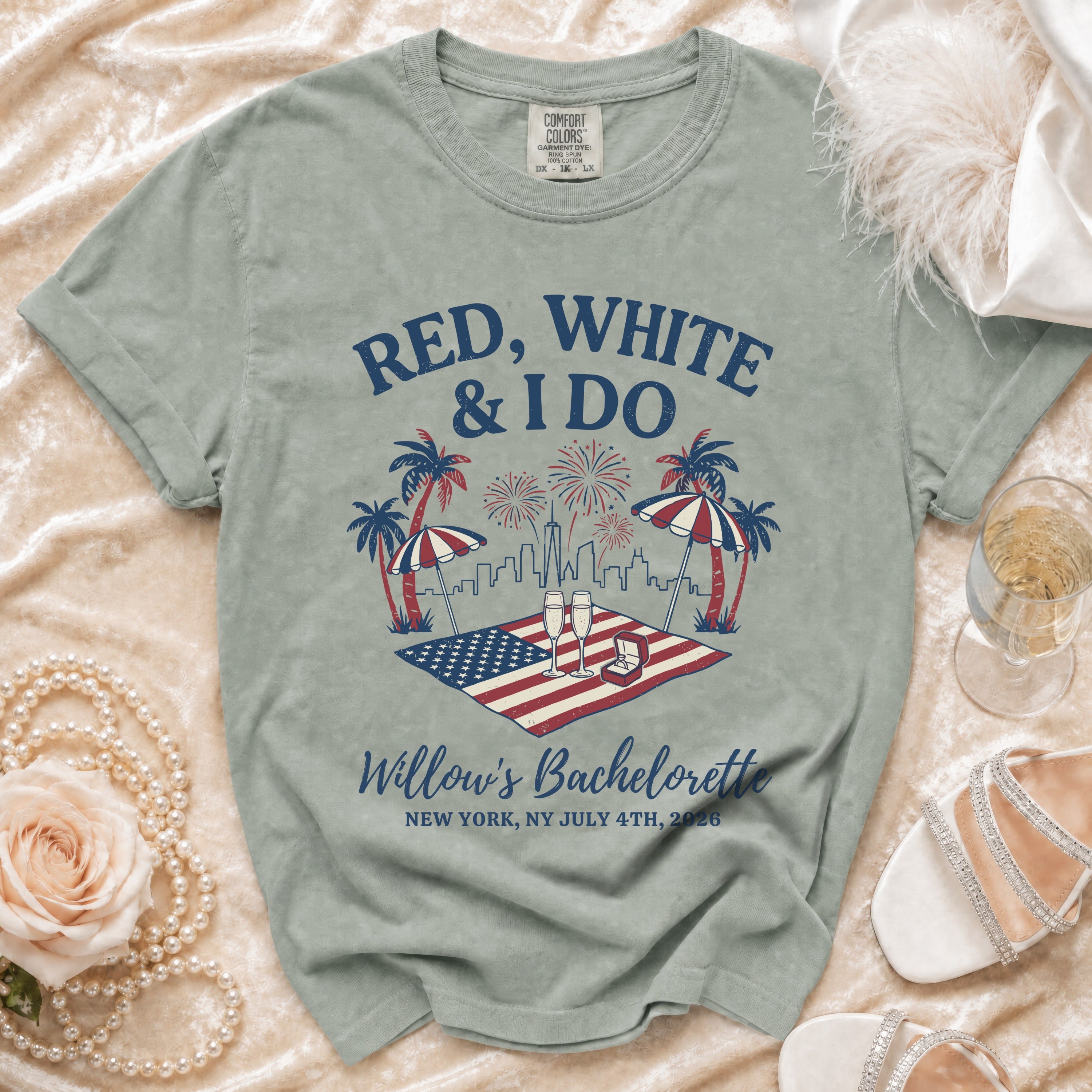 T-shirt with "Red, White & I Do Willow's Bachelorette" and July 4th graphics.