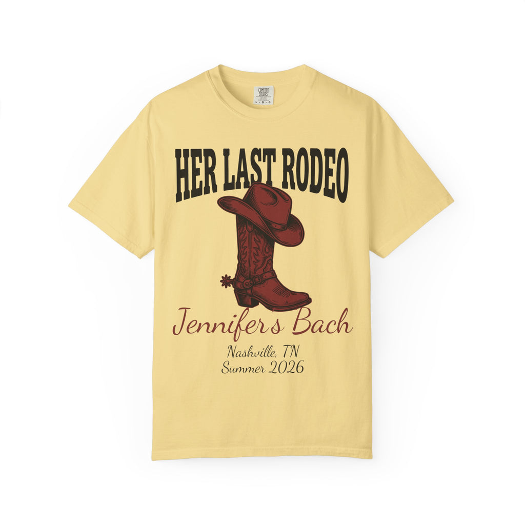 Yellow t-shirt with "Her Last Rodeo" text, cowboy boot, and bachelorette details.