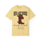Yellow t-shirt with "Her Last Rodeo" text, cowboy boot, and bachelorette details.