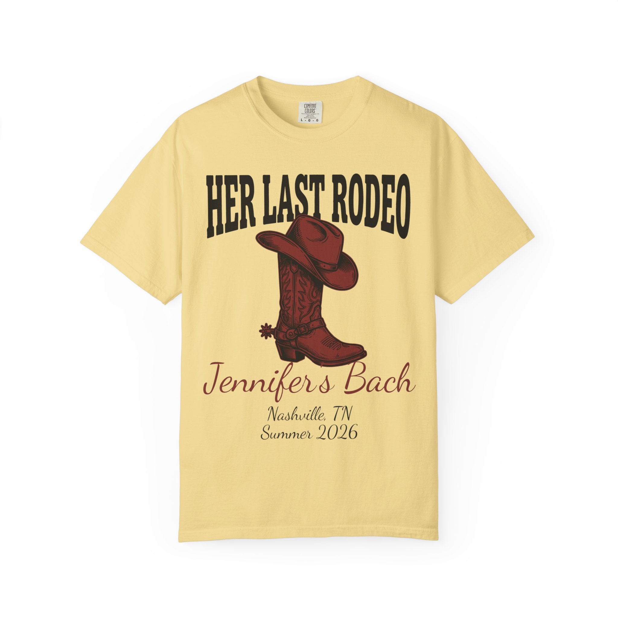 Yellow t-shirt with "Her Last Rodeo" text, cowboy boot, and bachelorette details.
