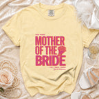 Yellow t-shirt with "Mother of the Bride" graphic and wedding accessories.