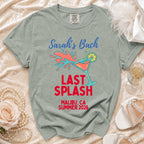 T-shirt with "Sarah's Bach Last Splash Malibu, CA Summer 2026" and cocktail graphic.