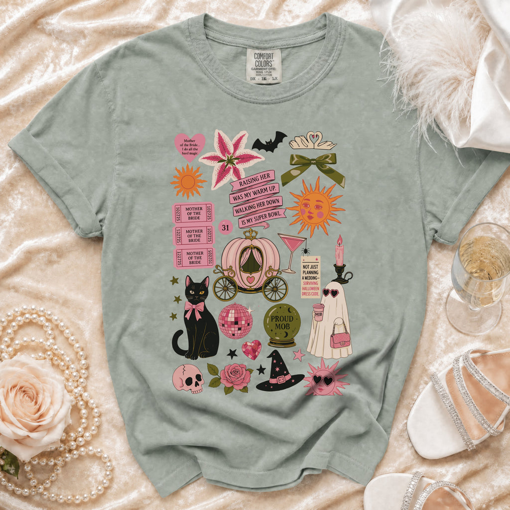Sage t-shirt with "Mother of the Bride" and wedding-themed graphic elements.