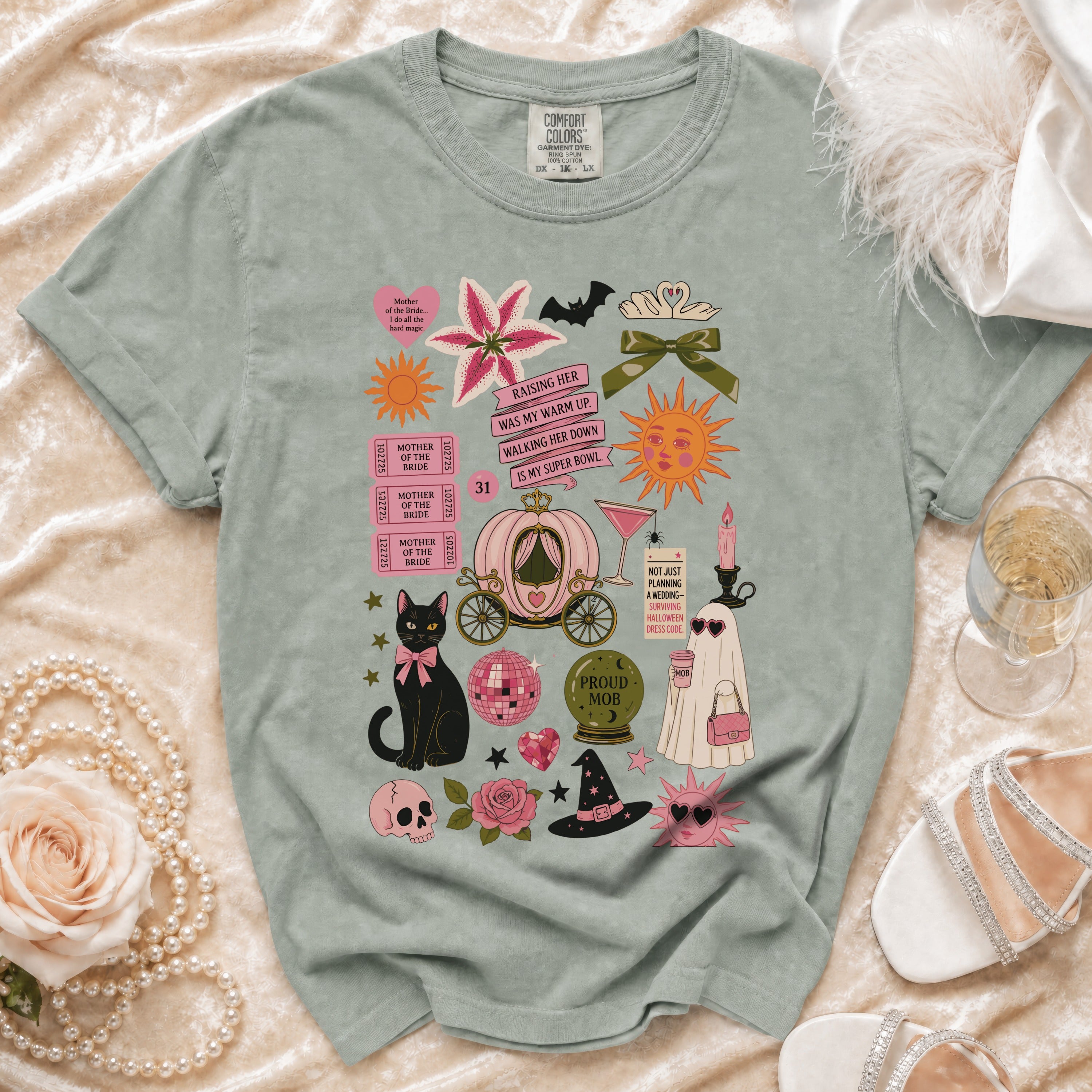 Sage t-shirt with "Mother of the Bride" and wedding-themed graphic elements.