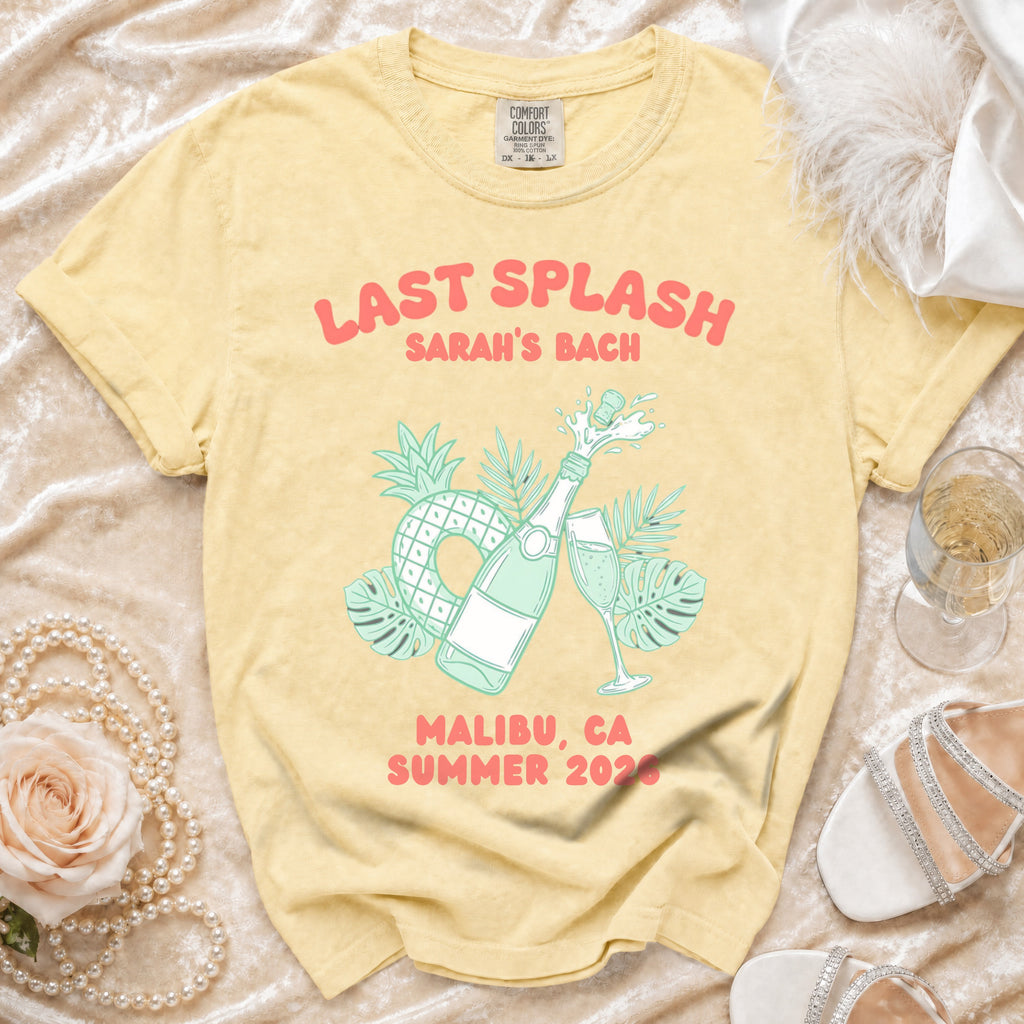 Peach t-shirt with "Last Splash Sarah's Bach Malibu, CA Summer 2026" graphic.