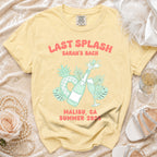 Peach t-shirt with "Last Splash Sarah's Bach Malibu, CA Summer 2026" graphic.