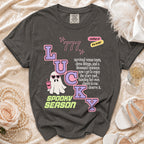 Dark grey t-shirt with "LUCKY" graphic, ghost, and "Spooky Season" text.