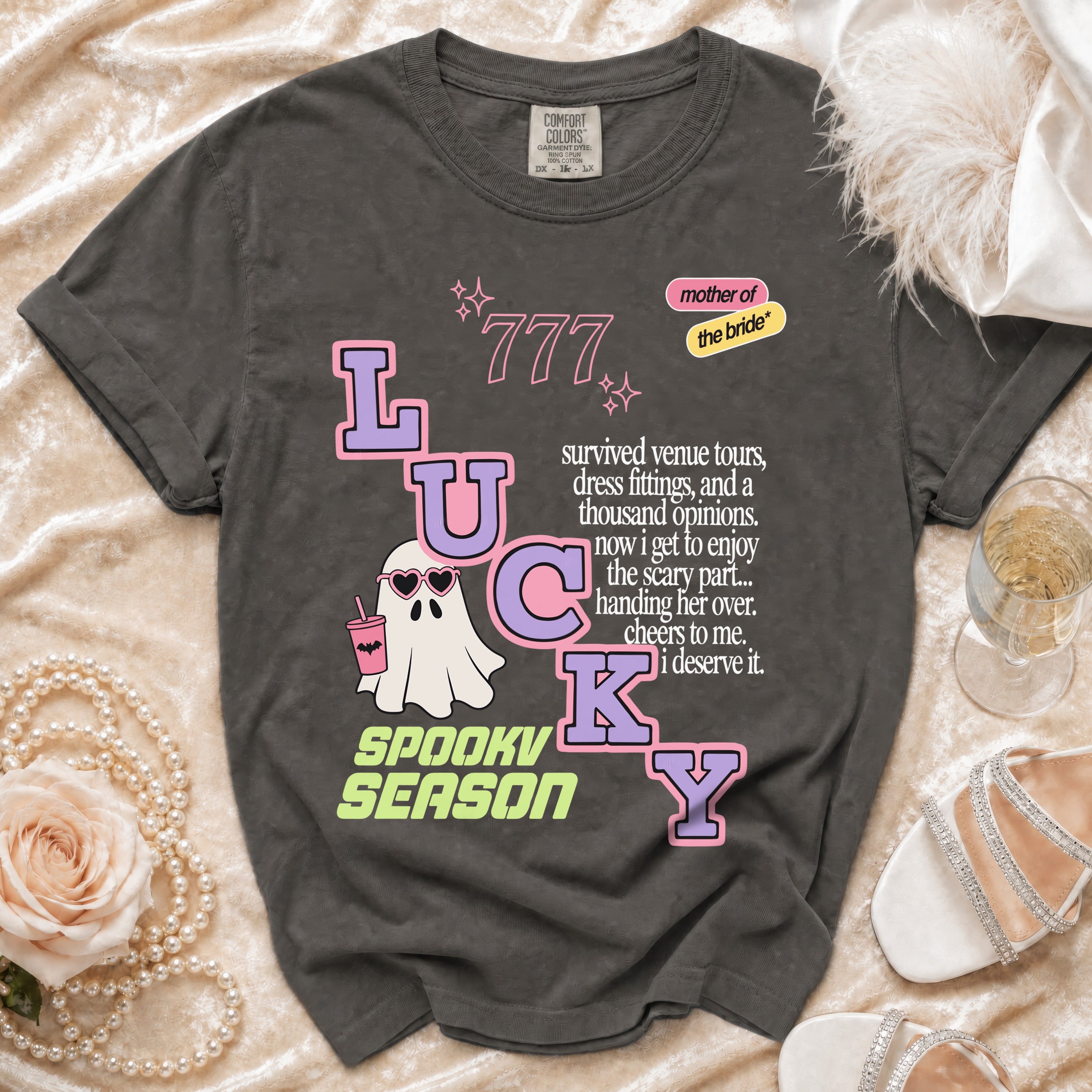 Dark grey t-shirt with "LUCKY" graphic, ghost, and "Spooky Season" text.