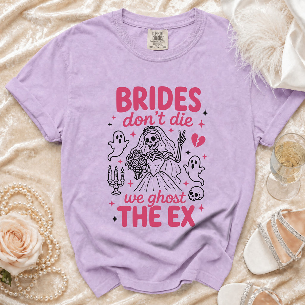 Purple Comfort Colors t-shirt with "BRIDES don't die we ghost THE EX" graphic.