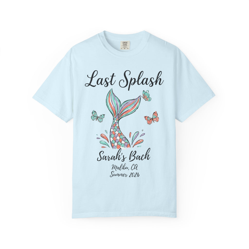 Light blue t-shirt with "Last Splash Sarah's Bach" and mermaid tail design.