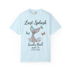 Light blue t-shirt with "Last Splash Sarah's Bach" and mermaid tail design.