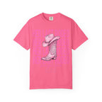 Pink t-shirt with "Her Last Rodeo" graphic featuring cowboy boot and hat.