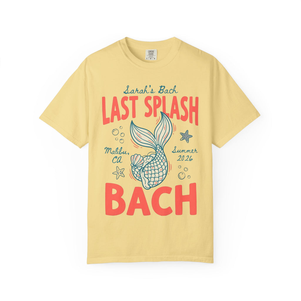 Yellow t-shirt with "Sarah's Bach LAST SPLASH Malibu CA Summer 2026 BACH" text and nautical graphics.