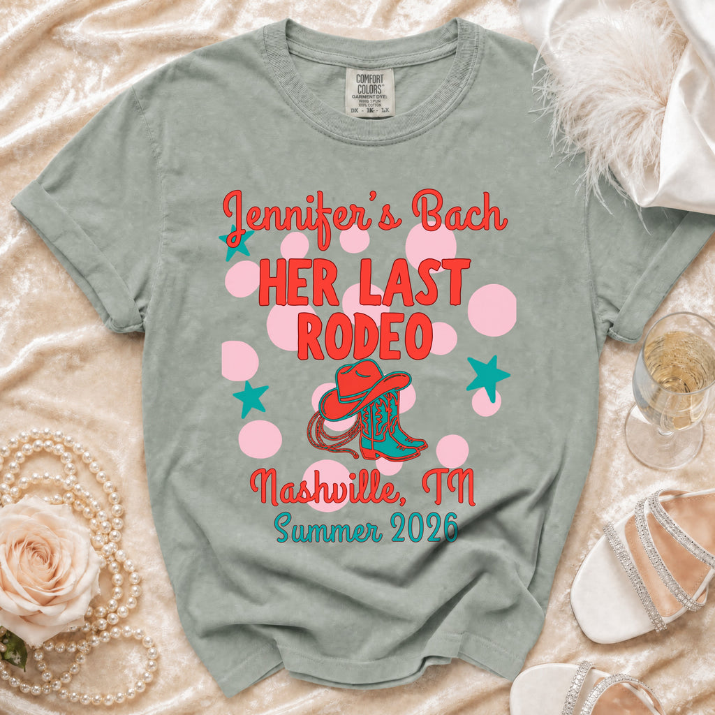 T-shirt with "Jennifer's Bach HER LAST RODEO Nashville, TN Summer 2026" text.