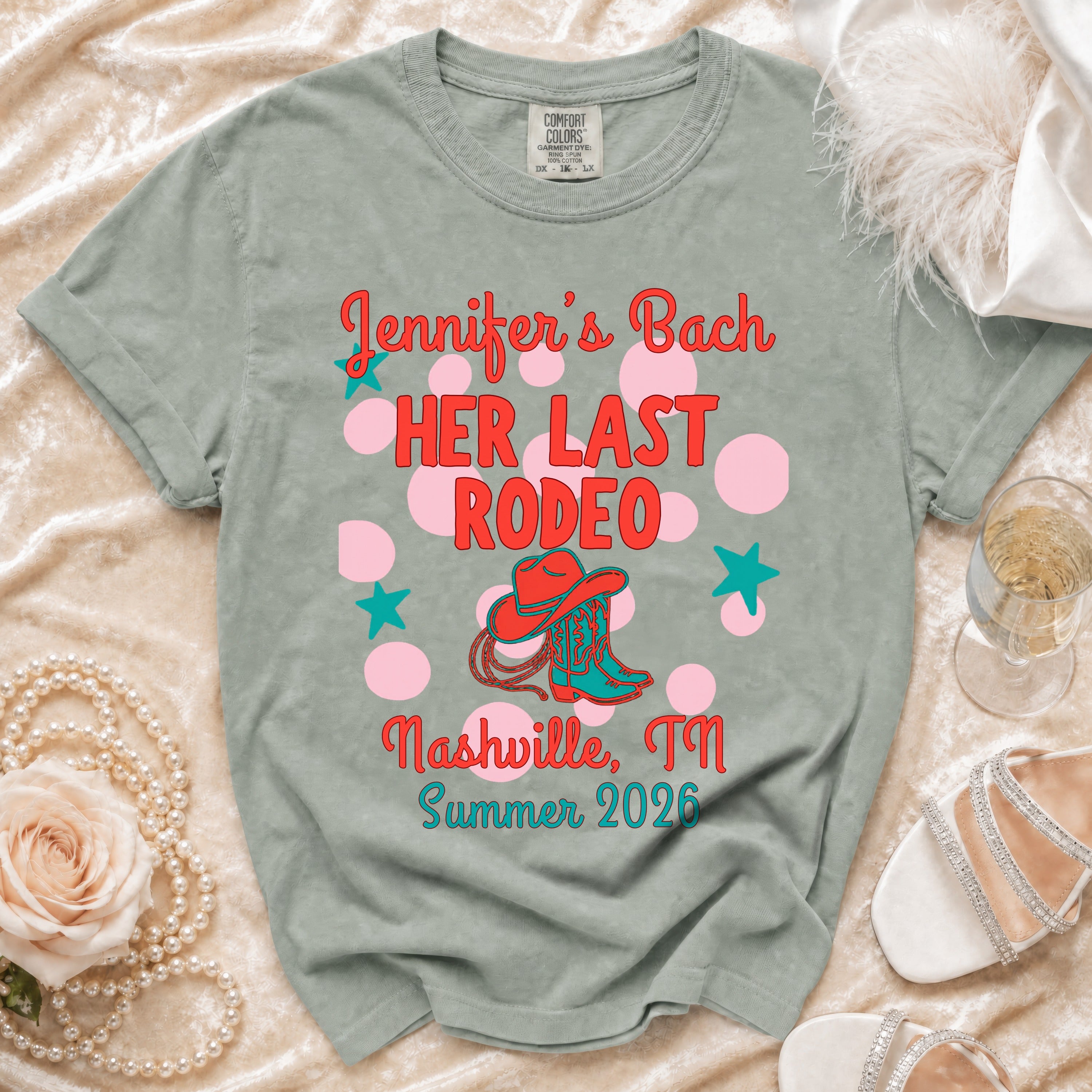T-shirt with "Jennifer's Bach HER LAST RODEO Nashville, TN Summer 2026" text.