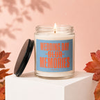 Candle with "WEDDING DAY BLUR MEMORIES VOWED" text on a blue label.