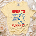 Yellow shirt with cat graphic, reading "HERE TO PURRRTY Clairi's Bachelorette Las Vegas".