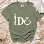 Olive green t-shirt with "I Do" text and a diamond ring graphic.