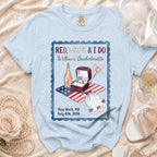 Bachelorette t-shirt with "Red, White & I Do" and wedding ring graphics.