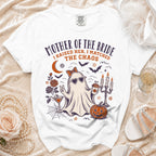 White t-shirt with "Mother of the Bride, I Raised Her, I Matched the Chaos" graphic.