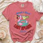 Pink t-shirt with "Sarah's Bach LAST SPLASH Malibu, CA Summer 2026" and flamingo.