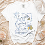 White t-shirt with "Limoncello Wedding Bells 2026 Sophia's Bachelorette Amalfi Coast" text.
